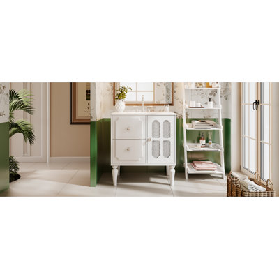 Meuble-lavabo polyvalent en bois massif de conception rétro avec lavabo en céramique brillante - parfait pour les maisons modernes