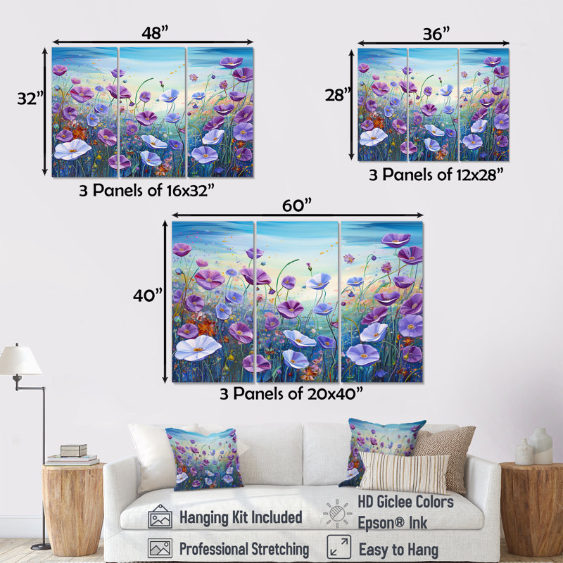 «Purple Morning Glory Flower Field», ensemble d'art sur toile, Toile tendue, H 40 po x l 60 po x P 1 po