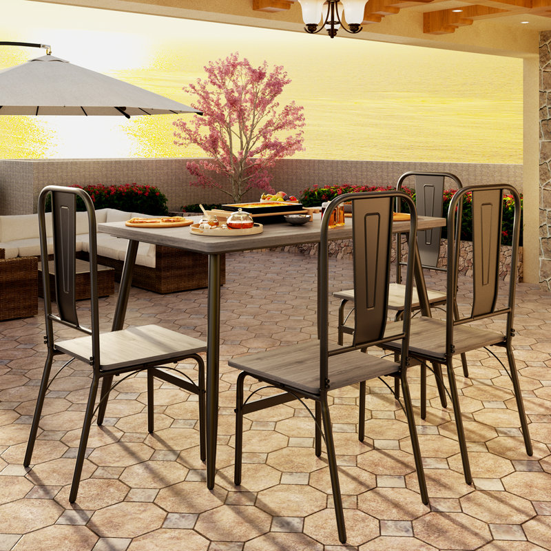 5-Piece 4-Person Rectangular Dining Table Set with Metal Frame and Armless Chairs, Gray, Gray