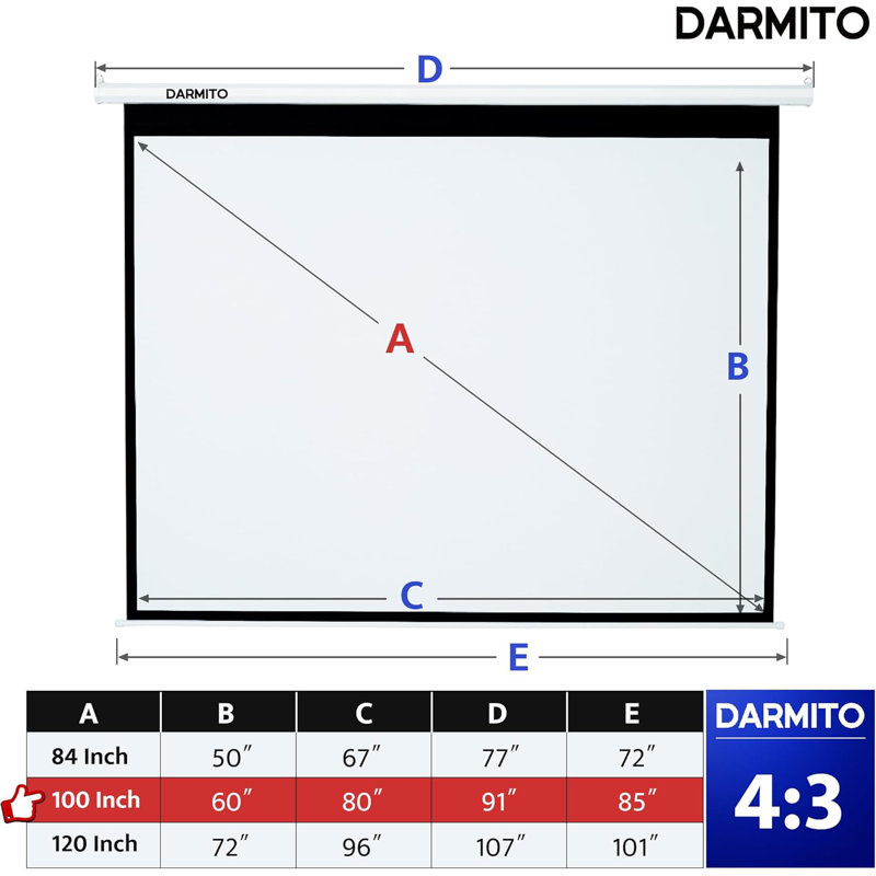 Darmito 100" 4:3 Electric Motorised Projector Screen, Full 4K with Remote Control