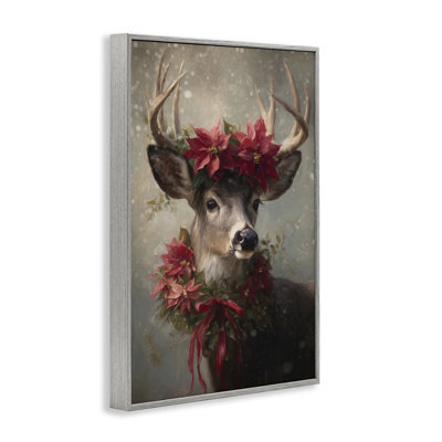 Poinsettia Christmas Deer Framed Giclee, design by Tina LeCour