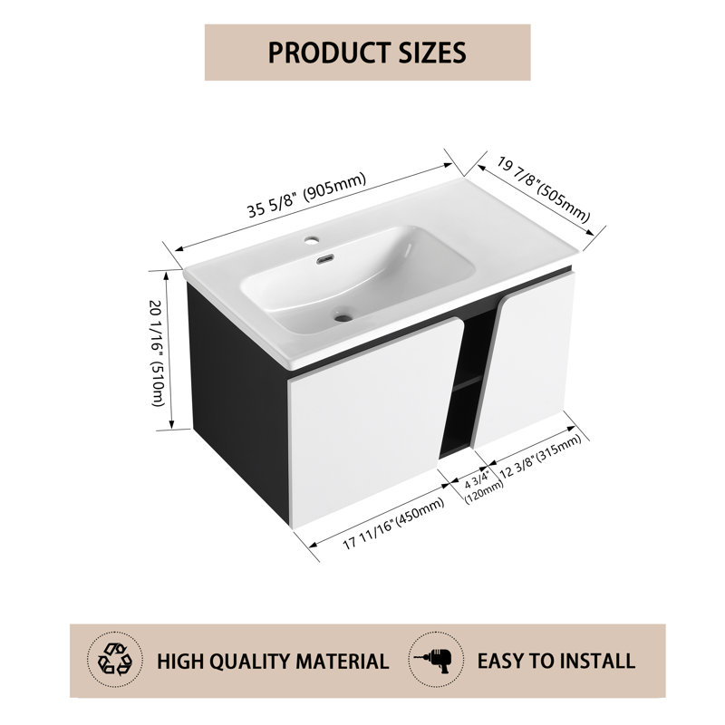 Meuble-lavabo simple 35,62 po avec plateau en céramique Kaetochi