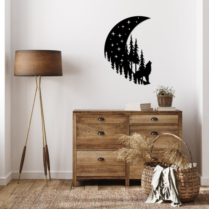 Art mural en forme de lune Hurlante - silhouette de loup, ciel nocturne - conception de la faune de pleine lune - décoration murale rustique chalet - sculpture industrielle moderne en métal - décoration intérieure inspirée de la nature - pièce d'art
