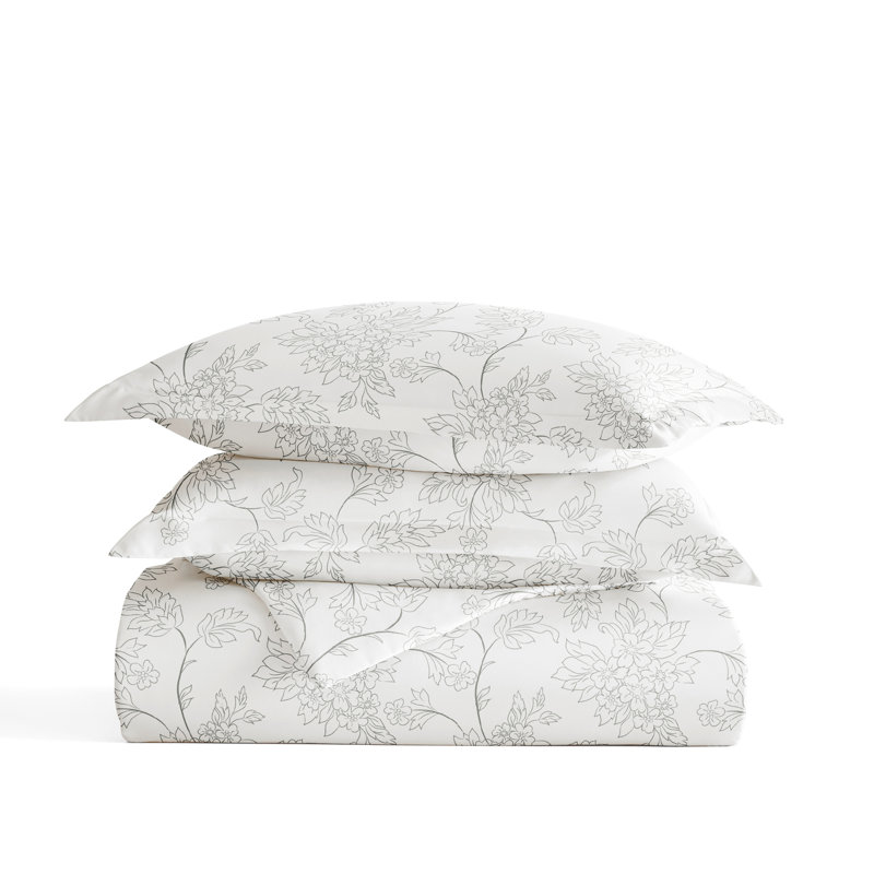 Gray Floral Microfiber Queen Duvet Cover Set with Pillow Shams
