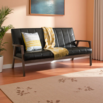 Daventry Black Faux Leather 3-Seater Sofa in Mid-century Modern Style, 31.33" H X 63.09" W X 29.3" D