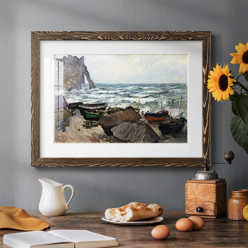 Bateaux de pêche sur la plage à Etretat, 1884, reproduction d'art sur papier, Noyer, H 28 po x l 42 po