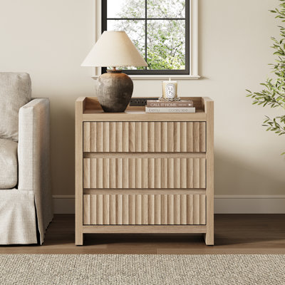 Modern 3-Drawer Fluted Nightstand with Charging Station, Wood Bedside Table with USB, Small Bedroom End Table with Storage for Living Room