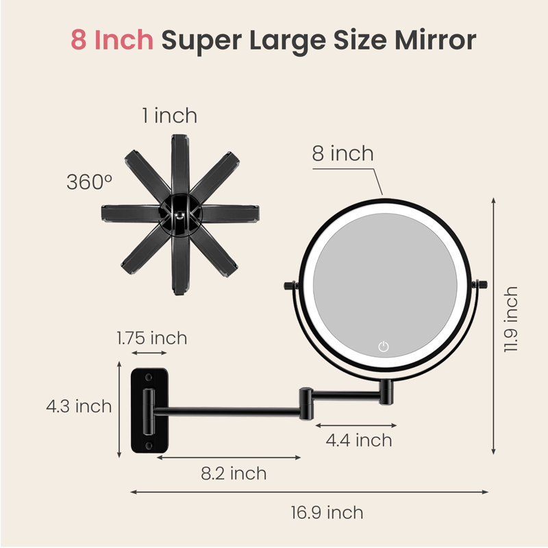 Metal Wall Mounted 8" Led Makeup Mirror With Magnification, 3 Color Led Lights Makeup Mirror, Matte Black, 10x