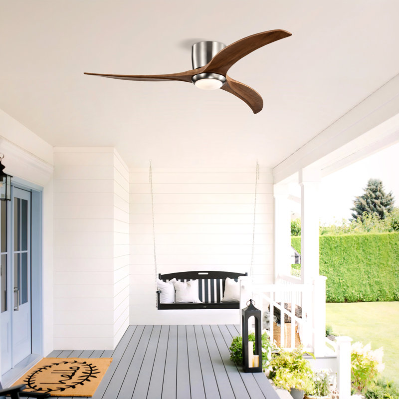 Ventilateur de plafond encastré en bois massif de 52 po à 3 pales avec lumière DEL et télécommande, Nickel, Bois brun