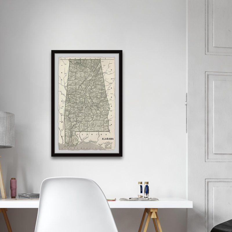 Carte de l'Alabama gris - impression encadrée sur papier, H 24 po x l 16 po x P 1,5 po