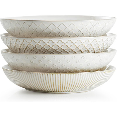 Pasta Bowls, Large Salad Serving Bowls (7.6 Inch & 22 Oz), Ceramic Bowl Plates Set Of 4, Farmhouse Embossments, Microwave And Dishwasher Safe