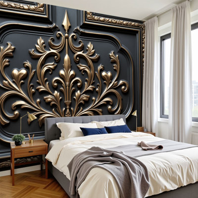 Peel and Stick Wallpaper Intricate Ornate Baroque Style Embossed Gold Detailing Wall Murals 100"H x 144"W Removable PVC Wall Paper Self-Adhesive Wall Decor for Bedroom Living Room Home Office Bathroom Nursery