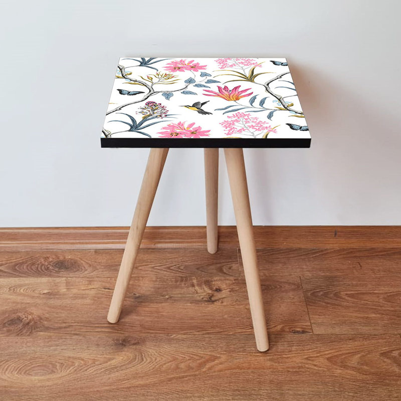 Table d'appoint moderne avec pieds en bois de hêtre, 13,8 x 16,5 x 13,8 pouces | 100% panneau de fibres à densité moyenne, épaisseur: 0,7 pouce | Rose vif, jaune, noir et bleu, motif de fleurs fantaisistes | Parfait pour le salon et la chambre à coucher
