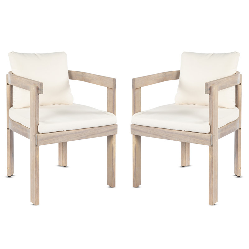 Ensemble de 2 chaises de salle à manger en bois d'acacia, fauteuils avec coussins crème, fauteuil d'appoint en tonneau, ensemble de chaises d'appoint de cuisine confortables pour balcon, cour, jardin