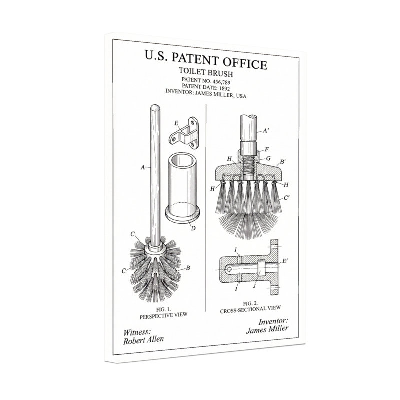 Impression de diagramme de brevet de brosse de toilette pour le bain et la lessive, H 18 po x l 12 po