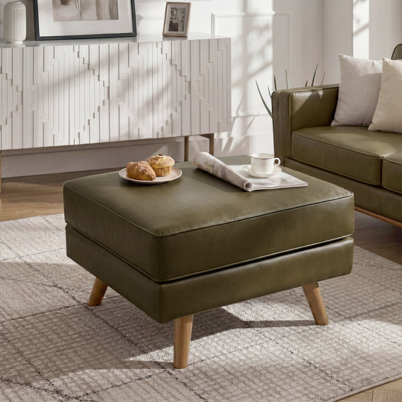Repose-pieds rembourré Mid-Century de 29,7 po de largeur Havens, repose-pieds en similicuir avec pieds en bois massif, tabouret de table basse pour le salon, la chambre à coucher et le vestibule