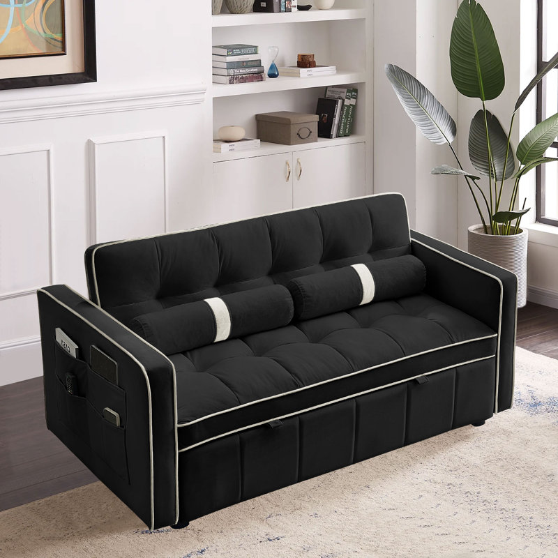 Pull out Sleep Sofa Bed 2 Seater Loveseats Sofa Couch with Side Pockets, Black Velvet
