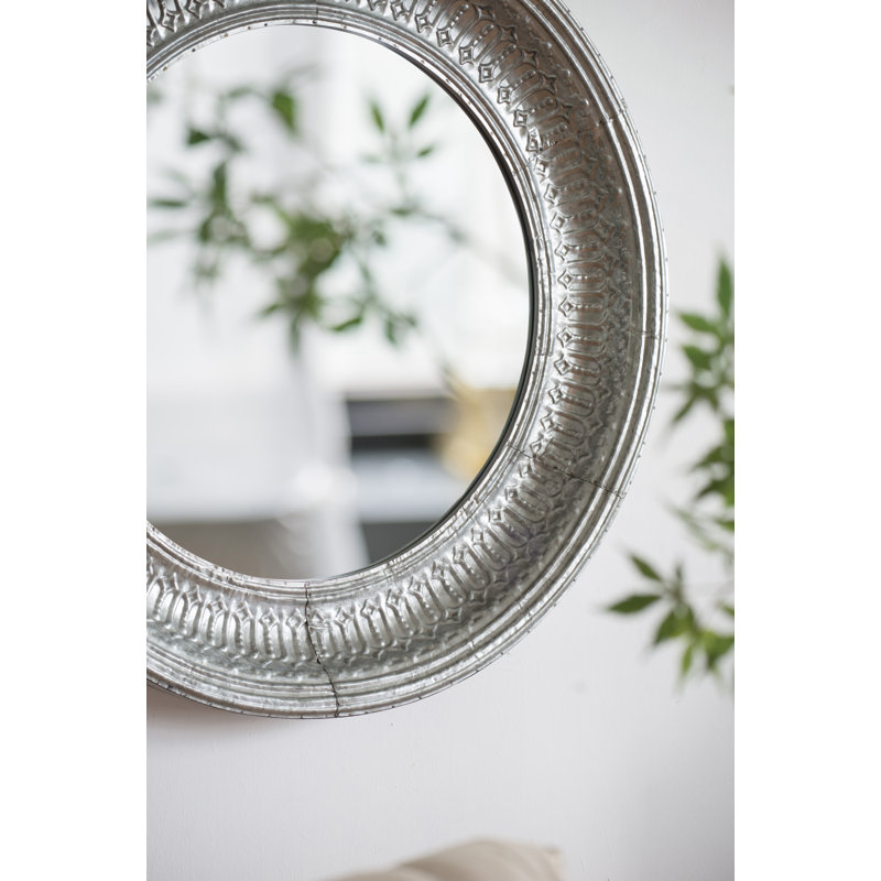 Antique Gray 46" Round Wall Mirror with Embossed Metal Frame
