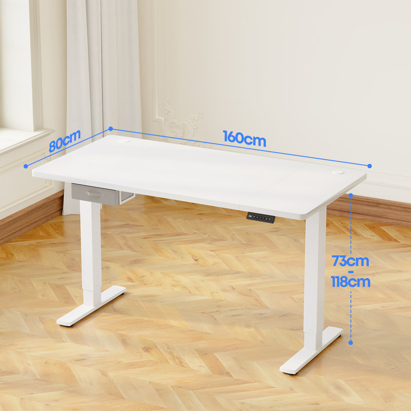 Electric Standing Desk Wide Desktop Height Adjustable Standing Desk With Drawer&Hooks, White, White, 118" H x 160" W x 80" D