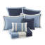 Courtepointe double / grand 7 pièces avec coussins décoratifs et taies décoratives européennes - bleu marine, motif à médaillon, bordure réversible de couleur unie, microfibre
