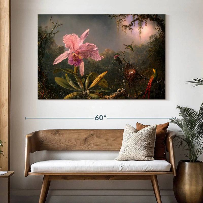 Orchidée Harnek Cattleya et 3 colibris, H 34 po x l 51 po