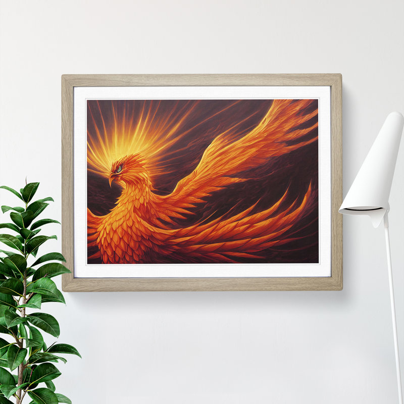 Bright Phoenix Bird - Single Picture Frame Print, 46cm H x 64cm W x 2cm D, Oak Framed