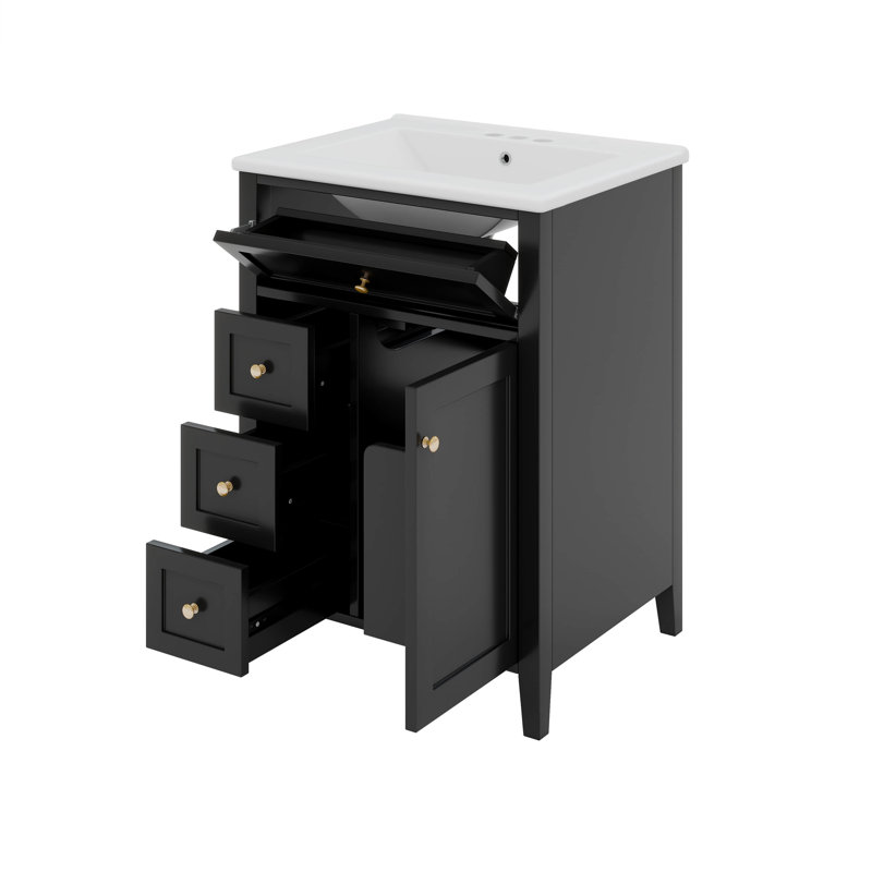 Meuble-lavabo 24 po avec lavabo, tiroirs et armoire avec tablettes réglables, Noir