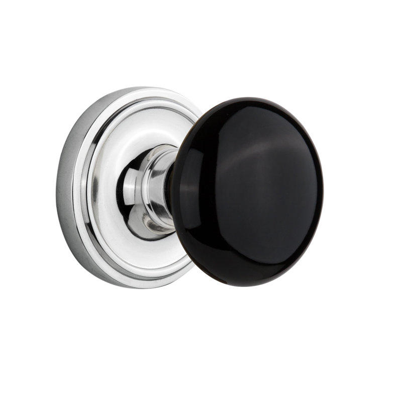 Classic Rosette with Black Porcelain Door Knob, Bright Chrome, 2-3/8"