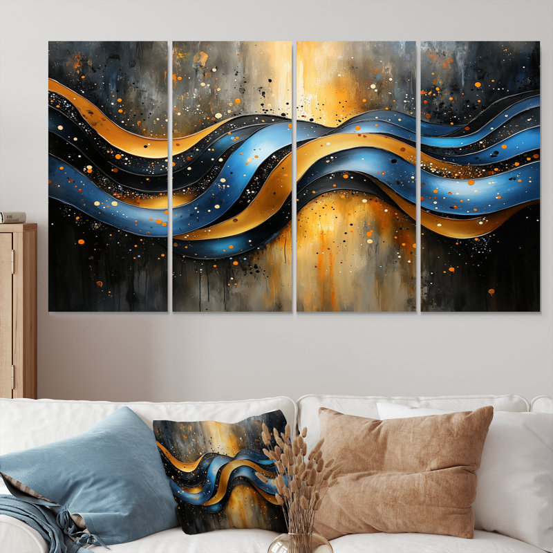 Vague dorée optique bleue - art mural moderne - art mural moderne, H 28 po x l 48 po, 4