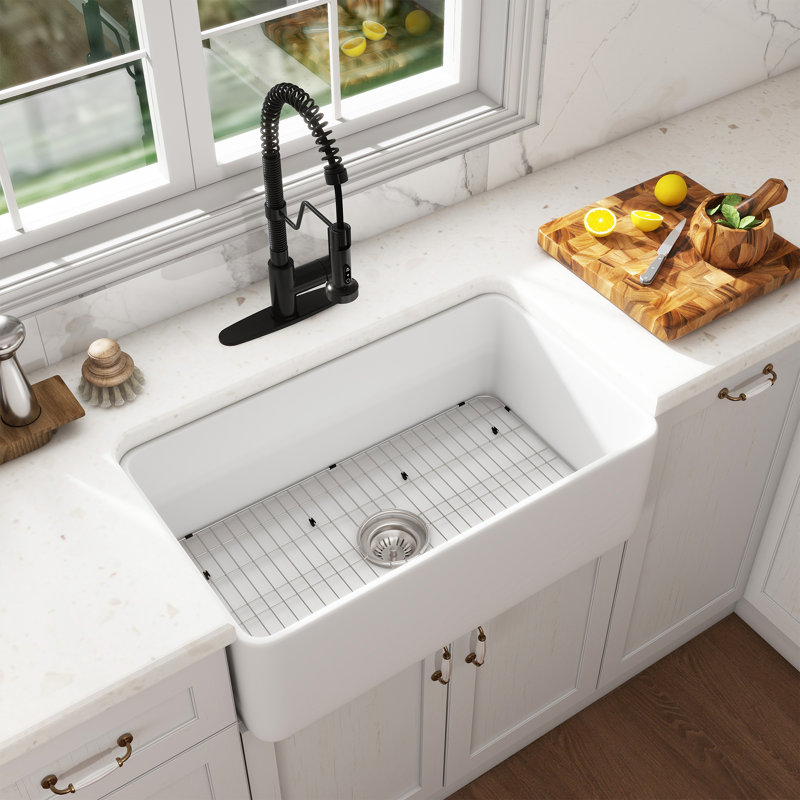 CASAINC Single Bowl White Fireclay Farmhouse Kitchen Sink With Faucet Included, Matte Black