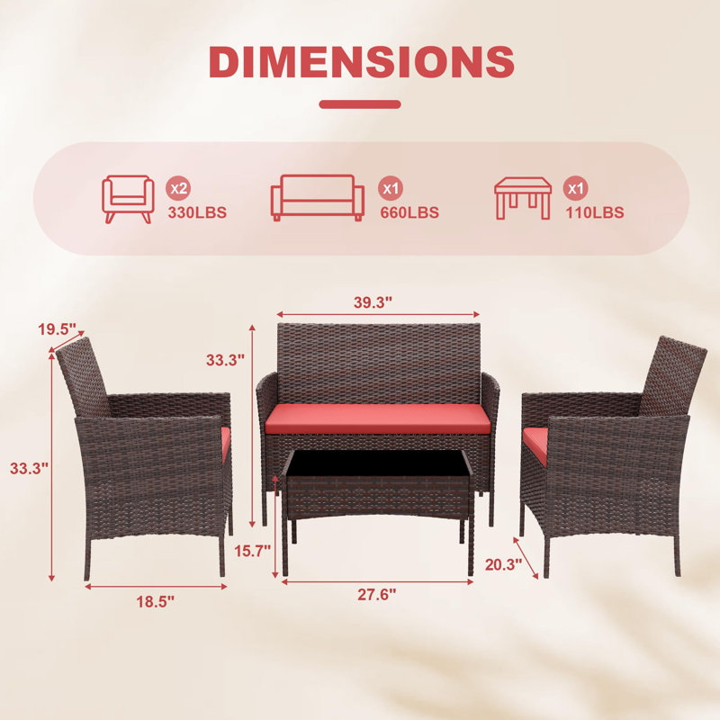 4 Pieces Outdoor Patio Furniture Sets, Rattan Patio Table And Chairs Set With Soft Cushion And Coffee Table, Red