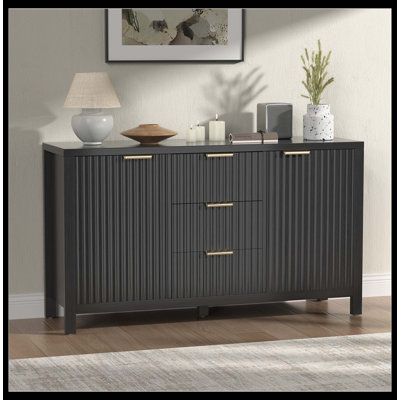Fluted Credenza Sideboard Storage Cabinet With 2 Doors & 3 Drawers For Kitchen & Living Room, Black