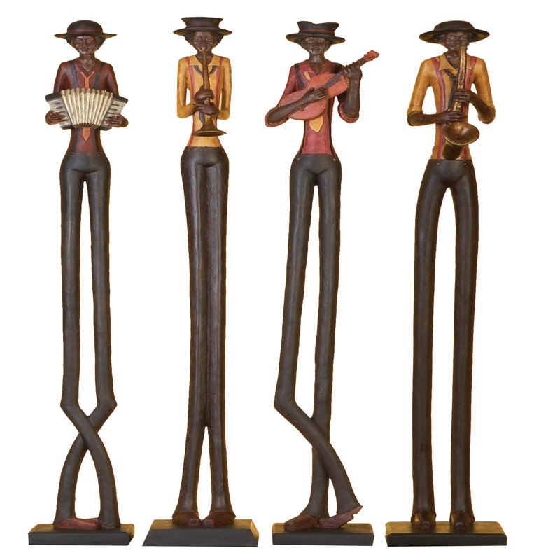 Polystone Tall Long Legged Jazz Band Musician Decorative Brown Sculpture with Black Base Stand Set, 40" H x 5" W x 5" D