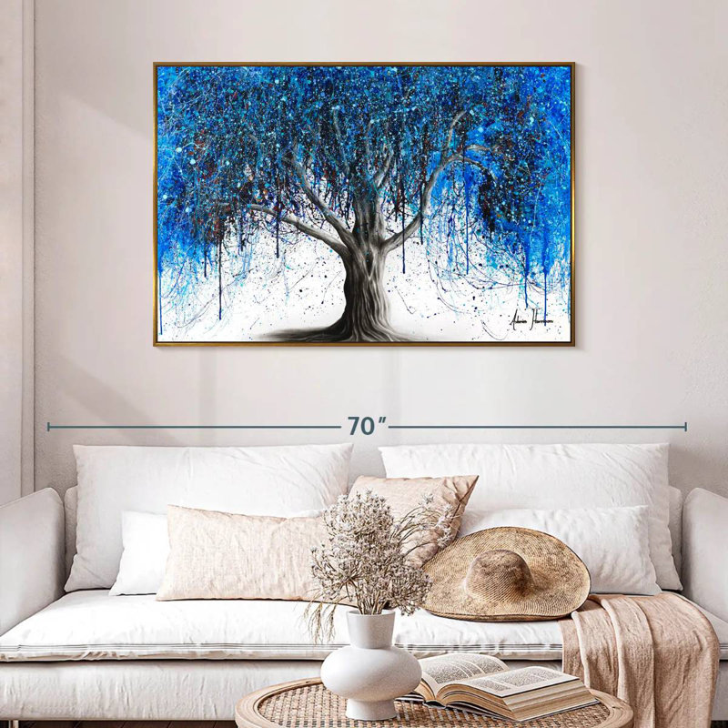 Arbre bleu au clair de lune, 46 po x 31 po, Cadre flottant doré