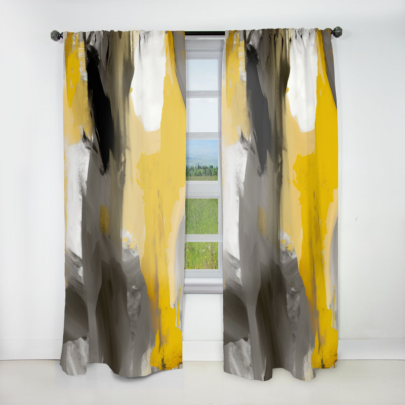 Rideau en velours abstrait moutarde jaune moutarde et gris vif II, L 52 po x L 120 po