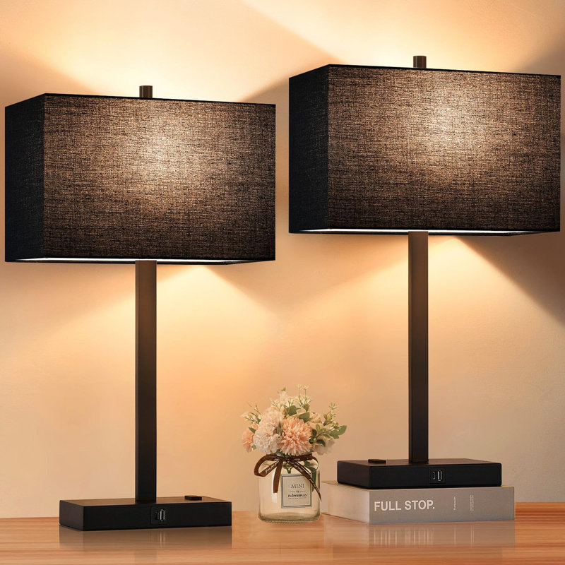 21" Set of 2 Table Lamps with 2 USB and AC Outlets, Black, Black
