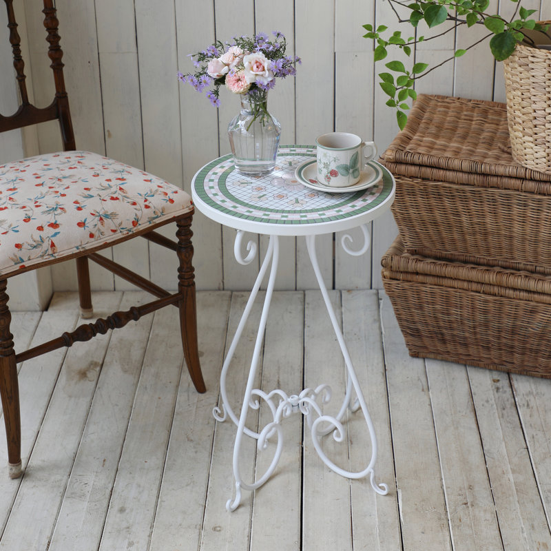 Ceramic Top End Table Patio Side Table,Vintage Metal Plant Stand, Round Accent Table for Porch,Patio, Balcony, Living Room Decor