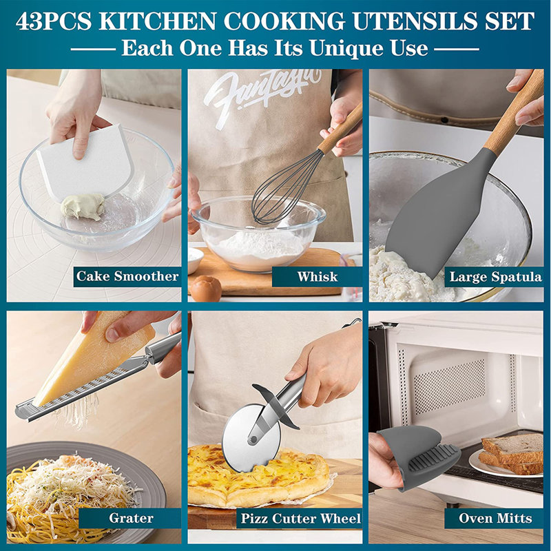 Ensemble d'ustensiles de cuisine en silicone, ensemble d'ustensiles de cuisine antiadhésif avec poignée en bois pour la cuisson, la cuisson et le mélange, meilleurs outils de cuisine avec support