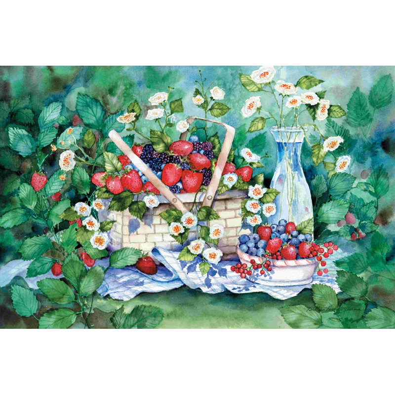 Pique-nique à la fraise, H 24 po x l 36 po, Pas de tapis, Toile avec cadre blanc
