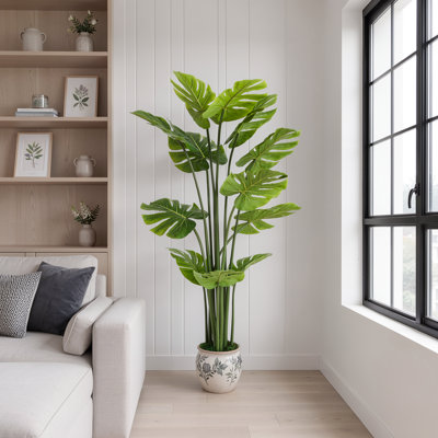 Plante artificielle Monstera Deliciosa avec pot noir, plante artificielle en pot tropicale pour la décoration intérieure