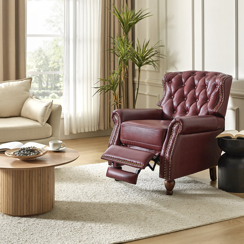 Abruzzino 34.5" W Genuine Leather Push-Back Recliner, Burgundy Genuine Leather
