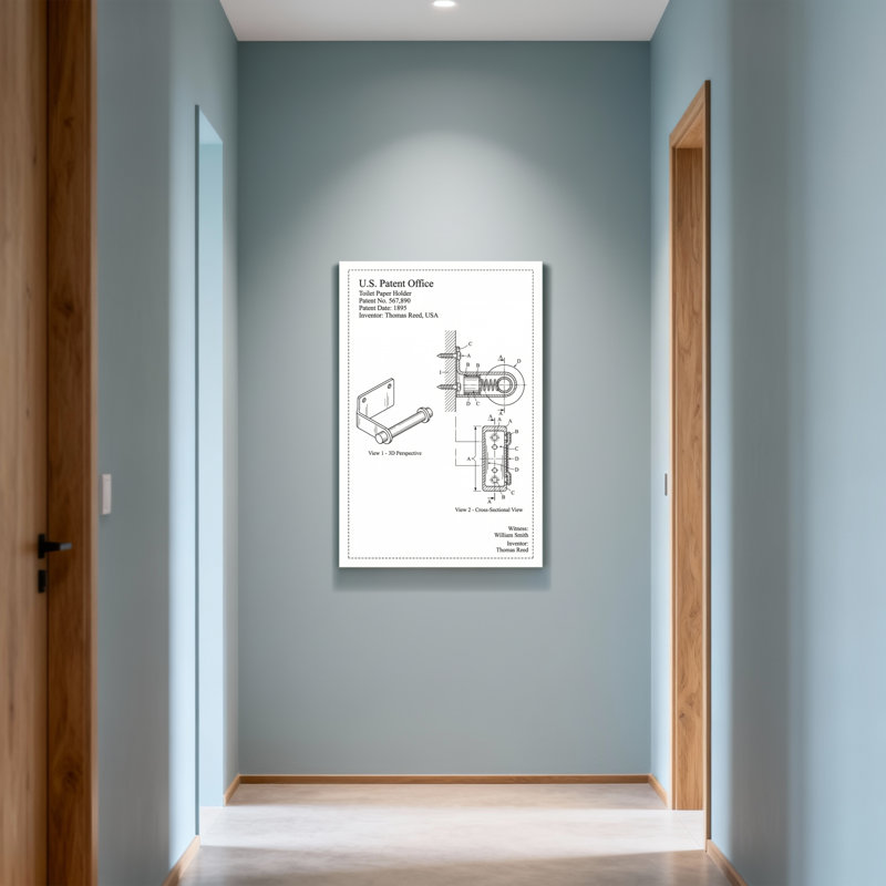 Bath & Laundry Toilet Paper Holder Patent Design Diagram, 18" H x 12" W