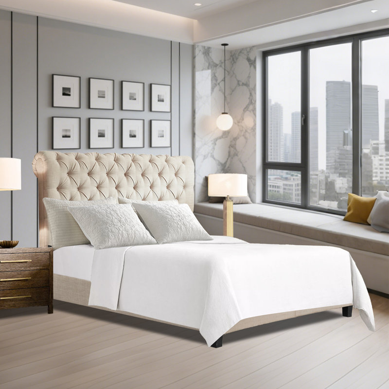 Structure de lit en tissu avec tête de lit ajustable Winston Porter, Beige, Lit double