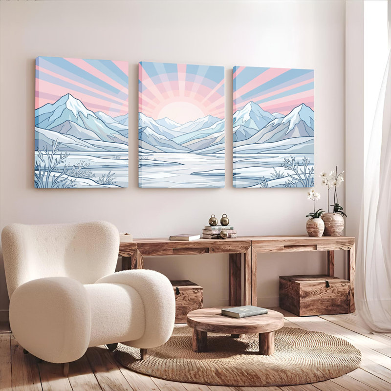 Ensemble de 3 tableaux sur toile représentant un paysage de montagne en hiver, 2436