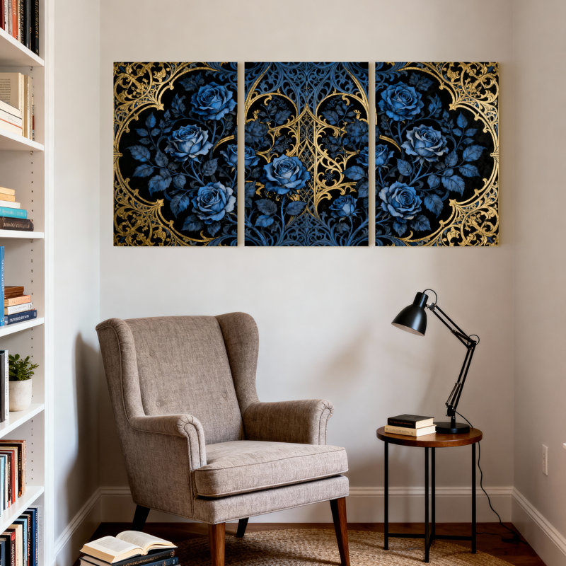 Plantes et fleurs roses bleues ornement sur fond noir, ensemble de 3 impressions sur toile, H 24 po x l 16 po