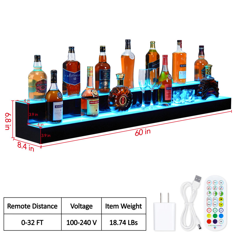 Tablette de présentation de 60 po à 2 niveaux pour bouteilles de spiritueux à DEL, tablette de bar murale éclairée avec télécommande