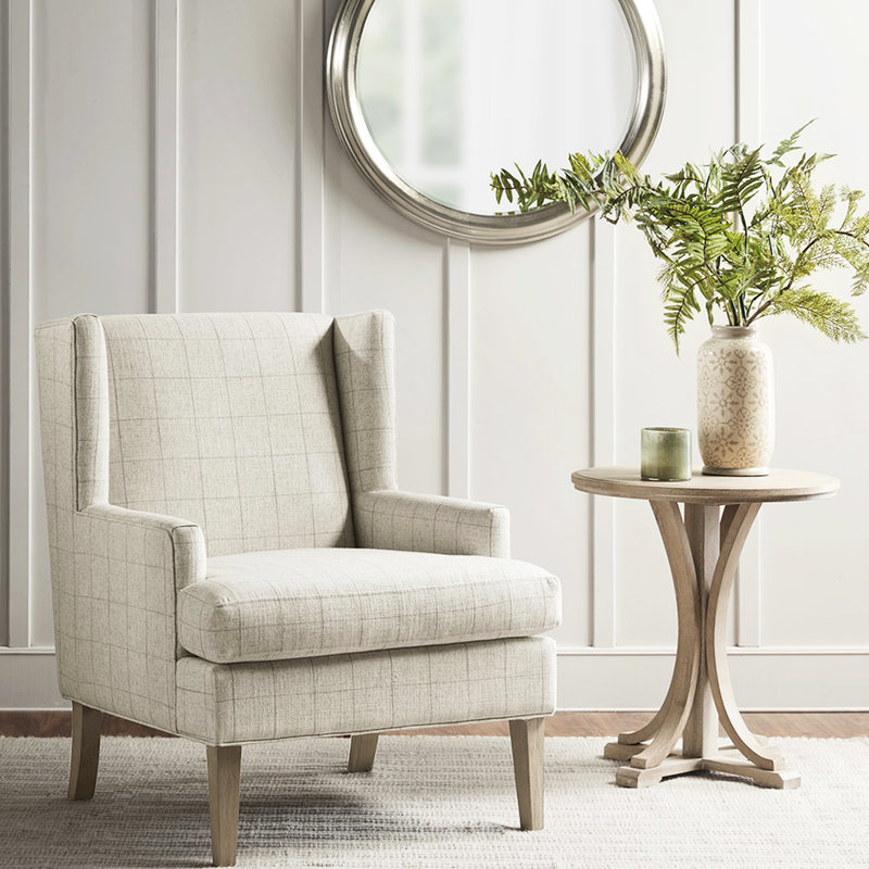 Chaise rembourrée beige avec pieds en bois massif et 20% de contreplaqué de tissu acrylique en mousse, Beige Checkered