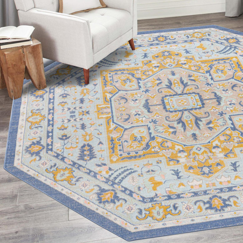 Joshette Oriental Sky Blue Area Rug, Octagon 7' x 7'