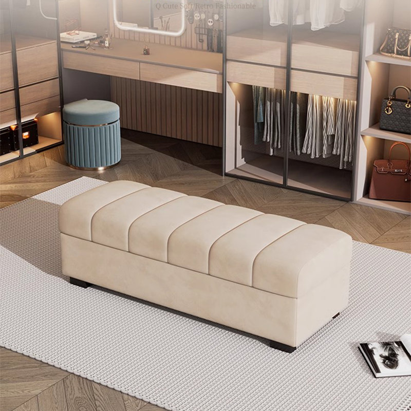 Banc de rangement léger en velours de bois massif de style luxueux pour chambre à coucher et salon, Blanc cassé / blanc