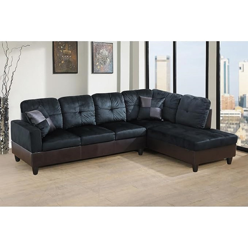 Lemley Upholstered L-Shaped Sectional, Right Hand Facing, Black/Blue Microfiber/Microsuede/Faux Leather